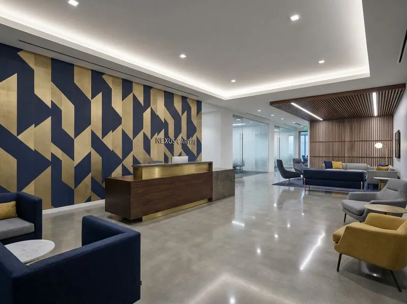 Modern office lobby with geometric wallpaper