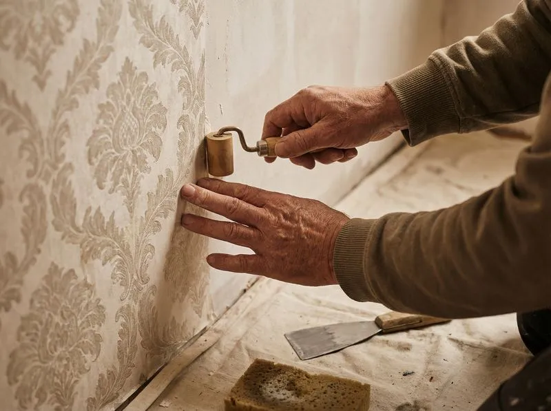 Hands carefully fixing a wallpaper seam with a roller tool